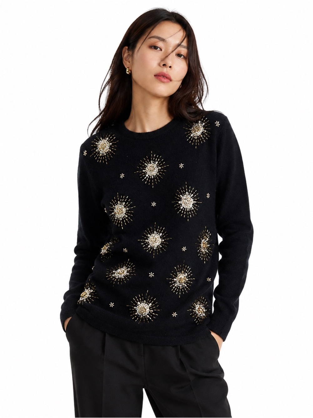 Vintage Lambswool Angora Starburst Sequin Embroidered Oversized Holiday Sweater